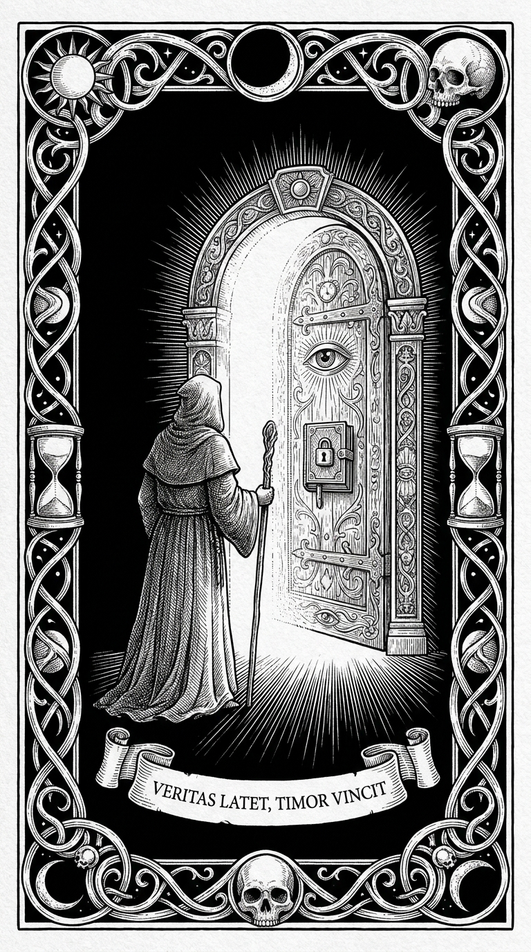 Engraving of a man facing a luminous version of himself